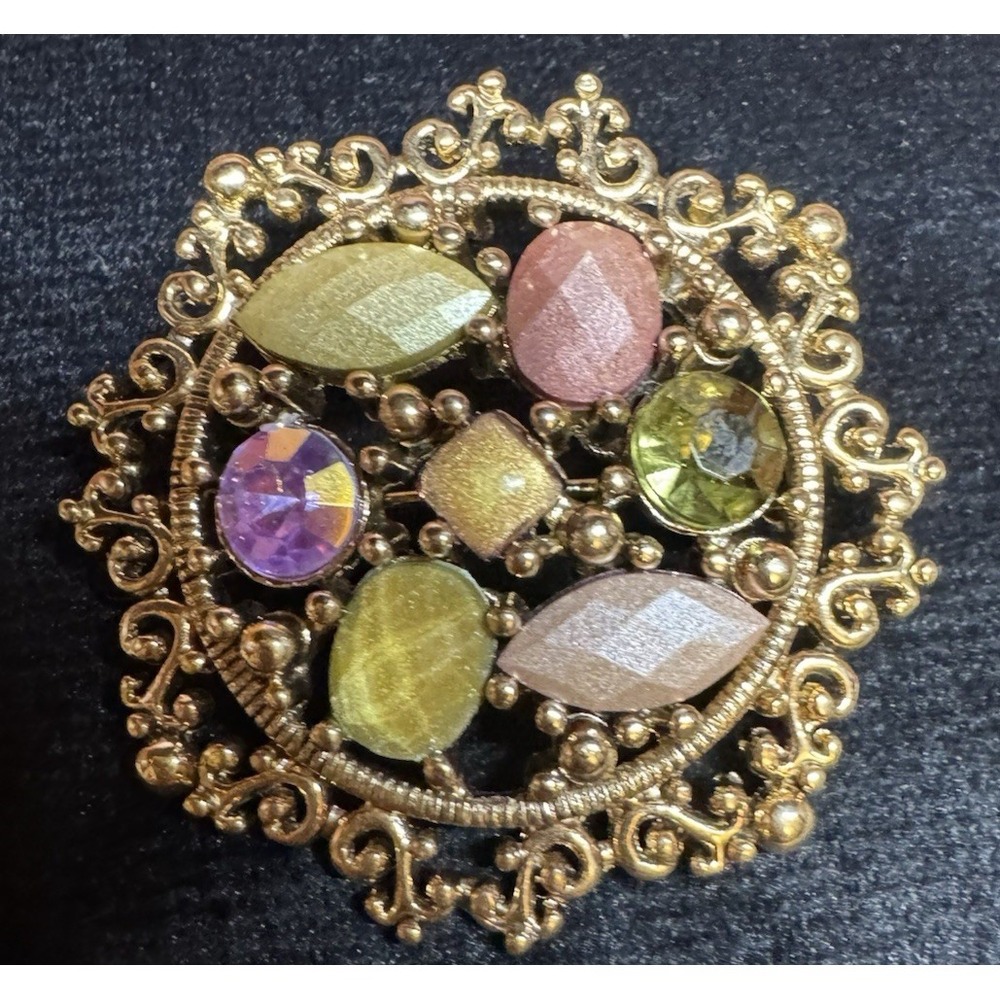 Vintage Gold Tone Multicolor Rhinestone Filigree Circle Brooch Pin Floral Design